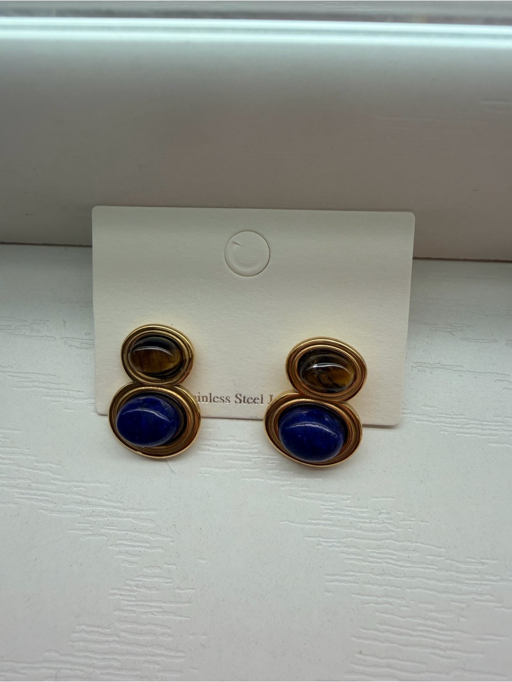Gold-Tone Drop Earrings with Blue and Brown Stone Accents